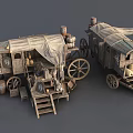 Vintage Wooden Wagons With Canvas Covers And Surrounding Clay Pots And Barrels