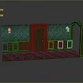 Vintage Interior Scene Featuring Green Patterned Wall Brown Wooden Door Arched Frame And Wall Sconces
