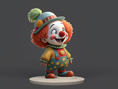 Man Dressed as Clown with Red Curly Hair Green Pompom Hat and Polka Dot Overalls 3d model