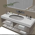 Modern Bathroom Vanity Cabinet with White Marble Countertop Open Shelves Folded Towels and Toiletries