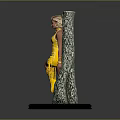 Woman in Yellow Dress and Boots Leaning Against Tree Stump on Red Circular Platform