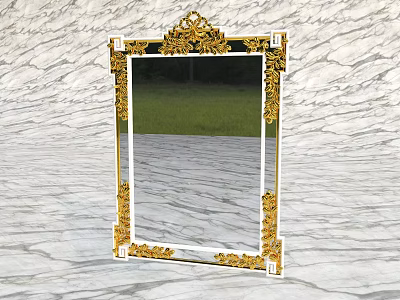 Ornate Golden Framed Mirror Reflecting Green Grass On Marble Background 3d model