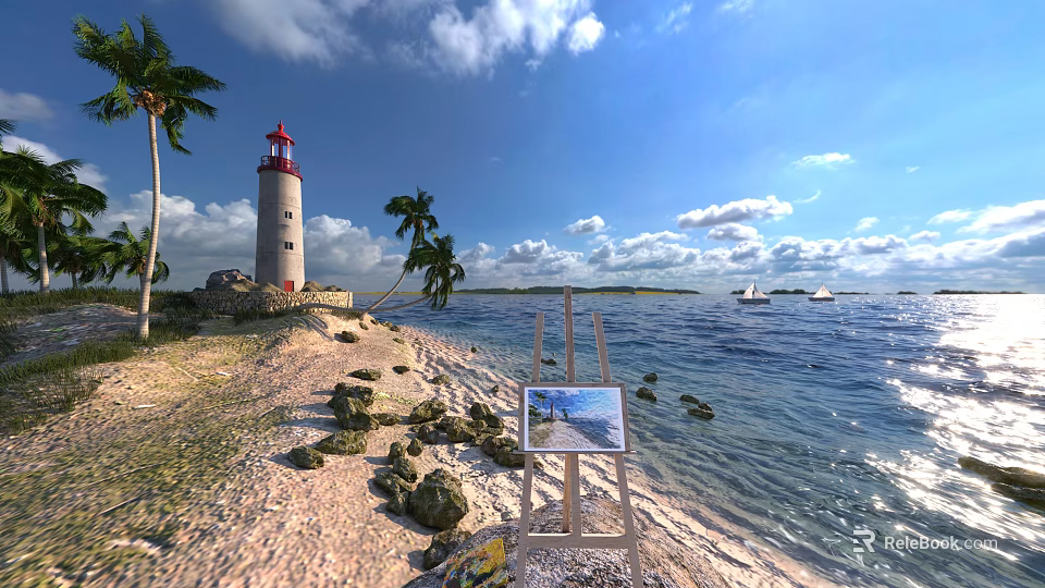 Scenic Coastal Landscape With Lighthouse Sandy Beach Palm Trees Calm Sea Boats And Blue Sky 3d model 