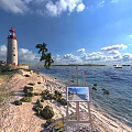 Scenic Coastal Landscape With Lighthouse Sandy Beach Palm Trees Calm Sea Boats And Blue Sky