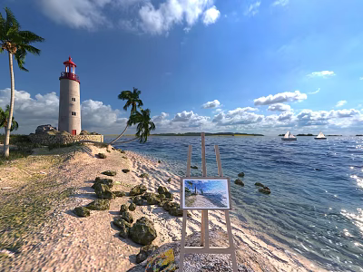 Scenic Coastal Landscape With Lighthouse Sandy Beach Palm Trees Calm Sea Boats And Blue Sky 3d model