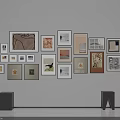 Stylish Gallery Wall with Mixed Size Frames Diverse Artworks on Light Wall and Cabinets Below
