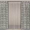 Elegant Patterned Curtains With Black Pom Pom Trim And Sheer Middle Panel