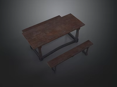 Dark Brown Wooden Rectangular Table and Bench Set for Home Dining Use 3d model