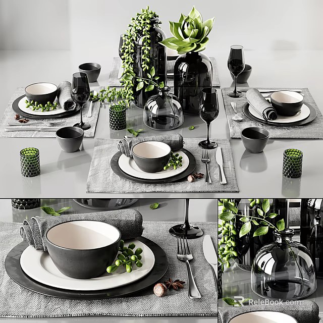 Black And White Dinnerware Set With Green Plants Decoration Placemats Cutlery And Wine Glasses 3d model 