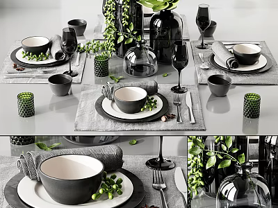 Black And White Dinnerware Set With Green Plants Decoration Placemats Cutlery And Wine Glasses 3d model