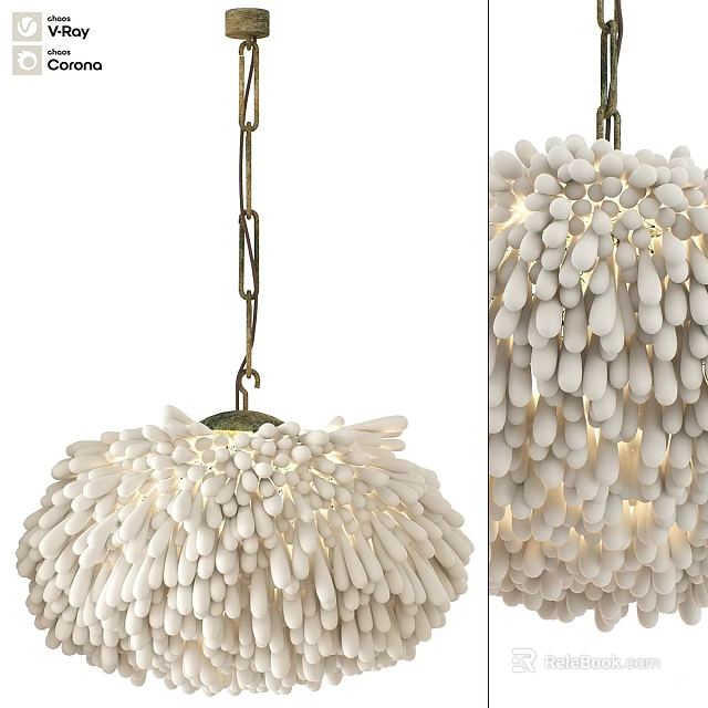 White Chandelier With Multiple Small Teardrop Shaped Elements And Metal Hanging Chain Design 3d model 