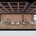 Cozy Cafe With Wooden Ceiling Herringbone Floor Bookshelves Numerous Books Tables Chairs And Sofas