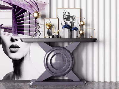 Modern Console Table Interior Design With Geometric Base Decorative Ornaments And Artwork 3d model