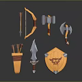 3D Modeled Weapons Set With Bow Arrow Hammer Axe Shield Dagger And Quiver