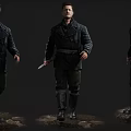 Man In Military Coat With Rifle Knife And Long Boots On Snowy Ground Front Back Views