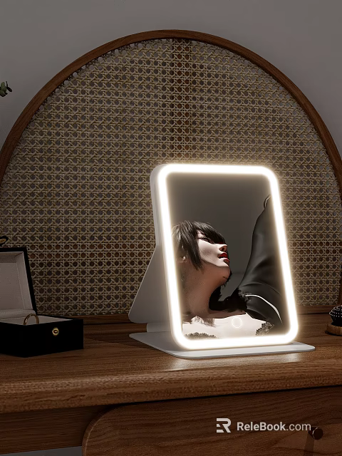 LED Lighted Rectangular Vanity Mirror With Edge Lighting On Wooden Table Near Open Jewelry Box 3d model 