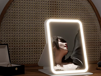 LED Lighted Rectangular Vanity Mirror With Edge Lighting On Wooden Table Near Open Jewelry Box 3d model
