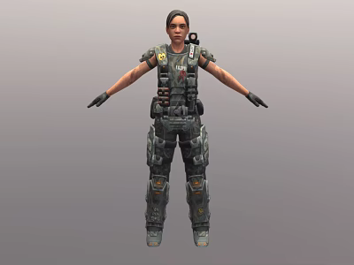 Female Game Character In Tactical Gear With Vest Knee Pads And Outstretched Arms 3d model