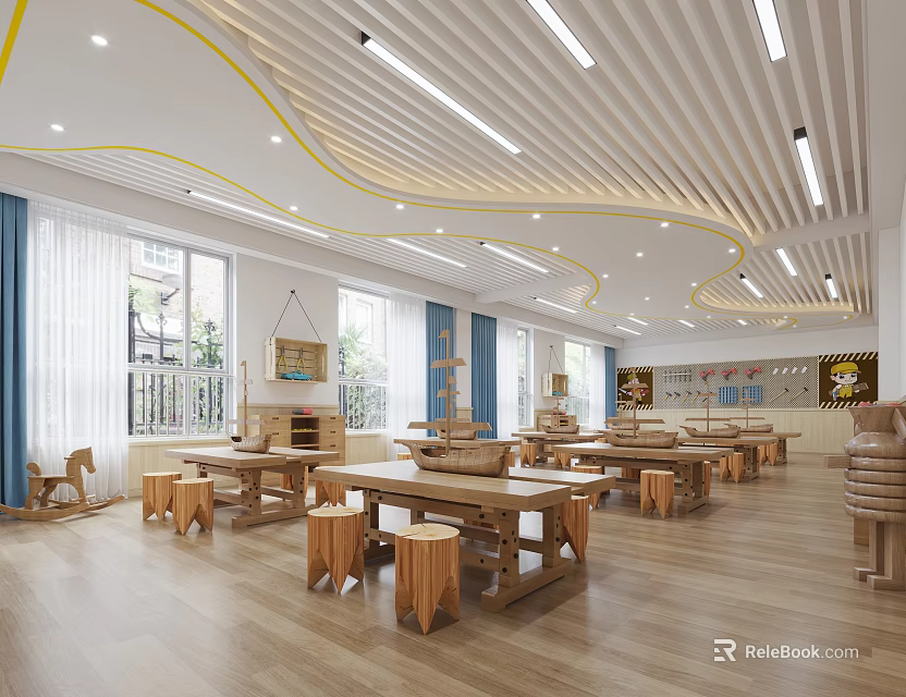 Spacious Kindergarten Classroom Interior With Wooden Tables Stools Curved Ceiling And Bright Windows 3d model 