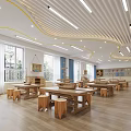 Spacious Kindergarten Classroom Interior With Wooden Tables Stools Curved Ceiling And Bright Windows