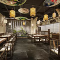 Traditional Chinese Restaurant With Red Lanterns Wooden Ceiling Round Window Stone Floor And Green Plants