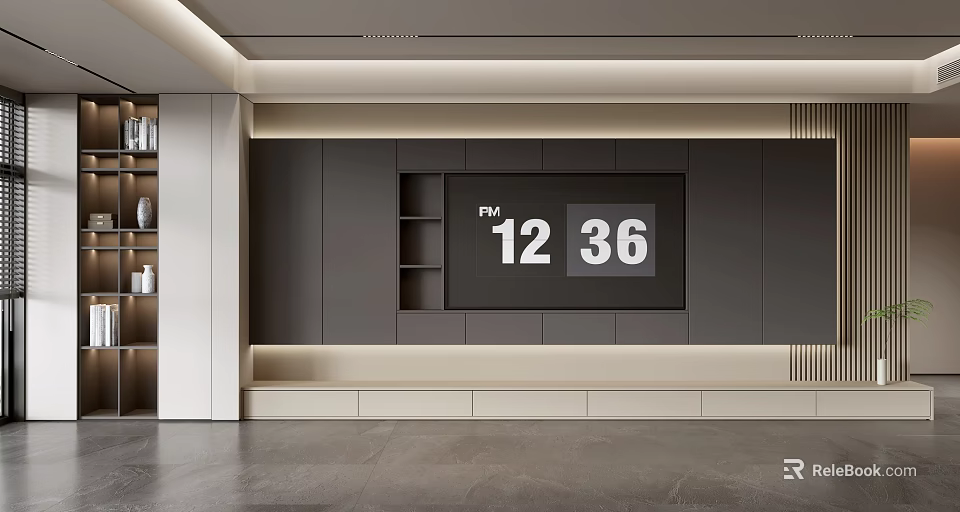 Modern TV Background Wall Design With Neutral Paneling And Storage Shelves 3d model 