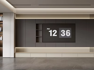 Modern TV Background Wall Design With Neutral Paneling And Storage Shelves 3d model
