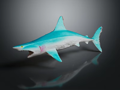 Detailed Blue Shark Model with Open Mouth White Underbelly on Dark Background with Reflection 3d model