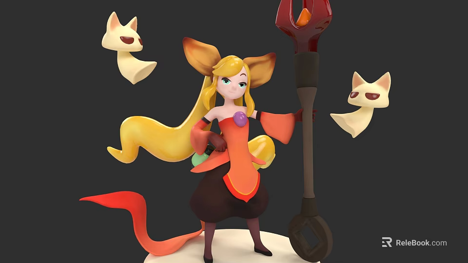 Woman with Fox Ears Long Blonde Hair Holding Staff with Flame and Small Fox Figures 3d model 