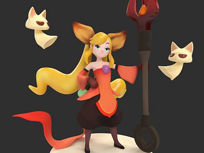 Woman with Fox Ears Long Blonde Hair Holding Staff with Flame and Small Fox Figures 3d model