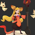 Woman with Fox Ears Long Blonde Hair Holding Staff with Flame and Small Fox Figures