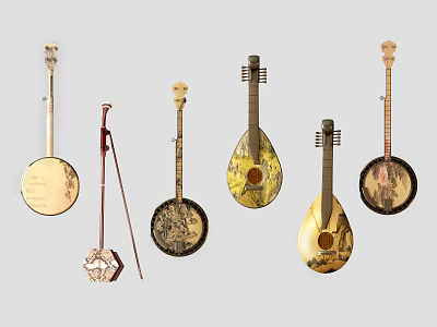 Traditional Artistic String Instruments With Intricate Carvings And Various Shapes 3d model