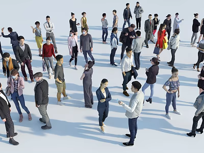 Group of People Standing Together in Open Space With Various Poses And Diverse Outfits 3d model