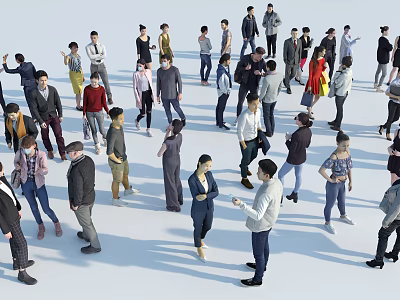Group of People Standing Together in Open Space With Various Poses And Diverse Outfits 3d model