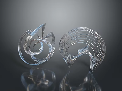 Transparent Glass Sculptures With Spiral Shapes On Black Background And Reflective Surfaces 3d model