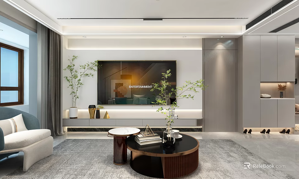 Modern Living and Dining Room Interior With Open TV Wall Sofa Coffee Table And Plants 3d model 