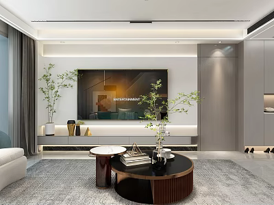Modern Living and Dining Room Interior With Open TV Wall Sofa Coffee Table And Plants 3d model