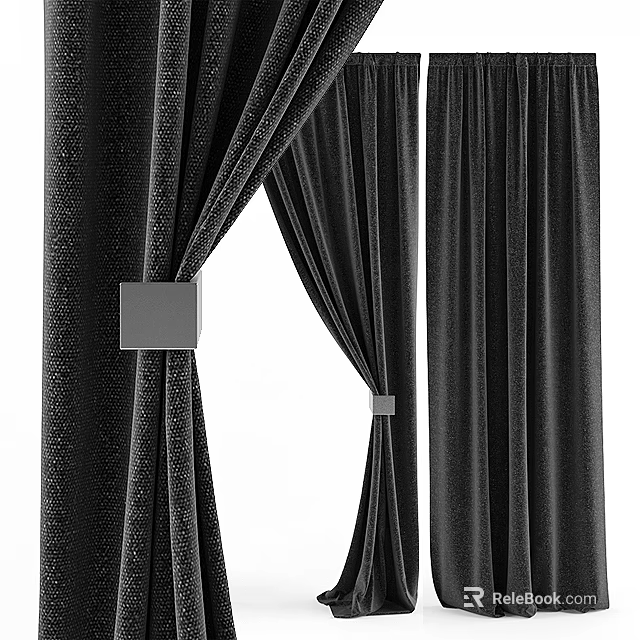 Black Curtains with Velvet Texture and Modern Tiebacks Partially Open for Elegant Window Treatment 3d model 