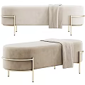 Modern Beige Upholstered Sofa Bench With Golden Metal Legs And Soft Throw Blanket