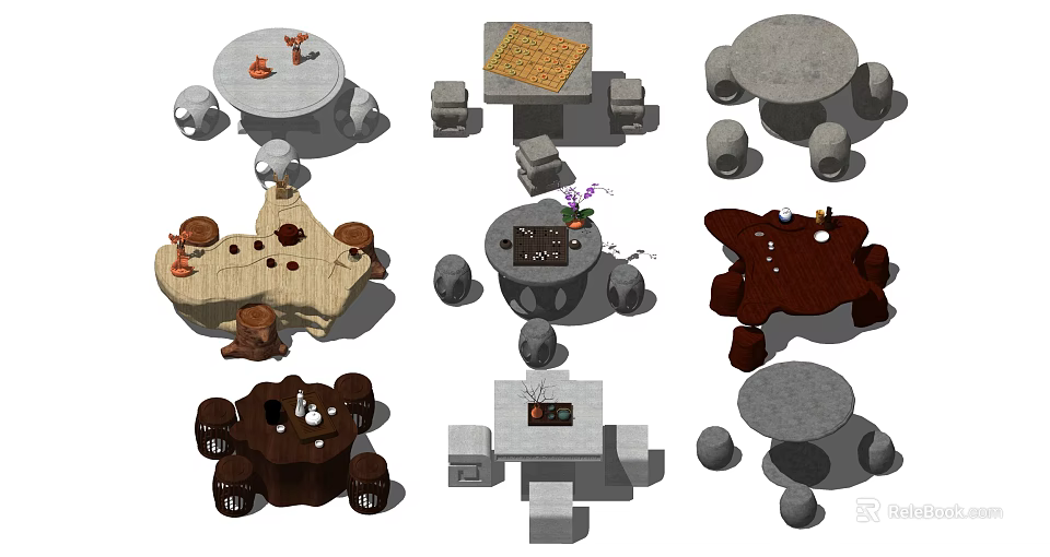 Diverse Table and Chair Sets with Unique Shapes and Decorative Elements 3d model