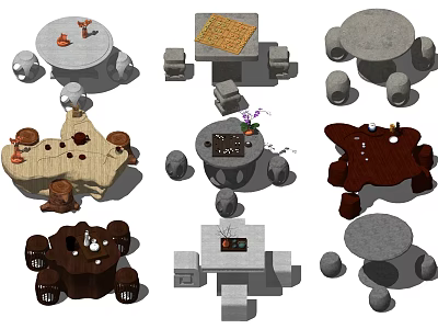 Diverse Table and Chair Sets with Unique Shapes and Decorative Elements 3d model