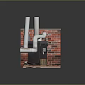 Silver Pipes Connected to Black Stove Against Red Brick Wall With Tools and Logs Around