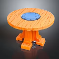 Orange Round Wooden Table With Blue Center And Carved Legs Design