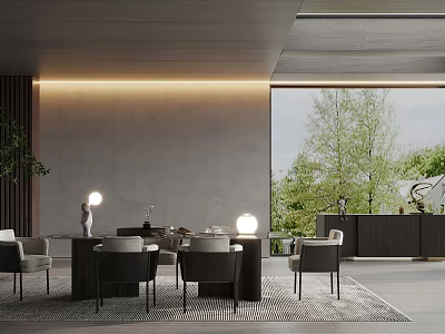 Modern Restaurant Interior With Dining Table Chairs Pendant Lights And Large Window View Plants 3d model