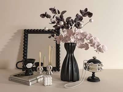 Stylish Decorative Ornament Set with Black Vase Purple Pink Flowers Framed Mirror Candles and Figurines 3d model