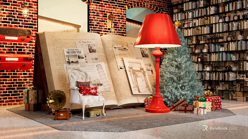Giant Open Book Photo Spot With Red Floor Lamp Christmas Tree And Gifts 3d model 