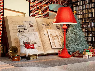 Giant Open Book Photo Spot With Red Floor Lamp Christmas Tree And Gifts 3d model