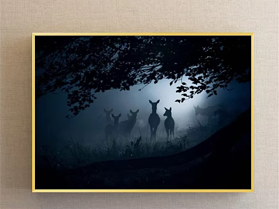 Misty Forest Animal Painting Featuring Silhouette Deer In Grass And Trees 3d model