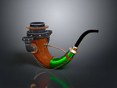 Steampunk Vintage Pipe With Wooden Body Metal Gears Green Accent And Black Stem 3d model