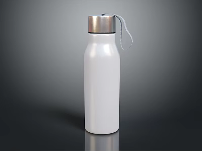 White Aluminum Insulated Water Bottle with Silver Lid and Lanyard on Dark Surface 3d model
